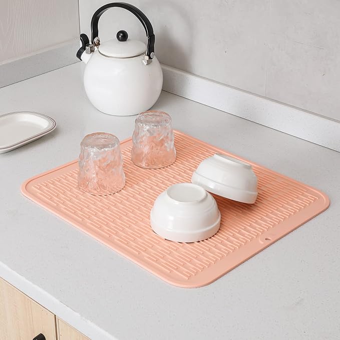 MicoYang Silicone Dish Drying Mat for Multiple Usage,Easy clean,Eco-friendly,Heat-resistant Silicone Mat for Kitchen Counter or Sink,Refrigerator or Drawer Liner Pink XL 18 inches x 16 inches