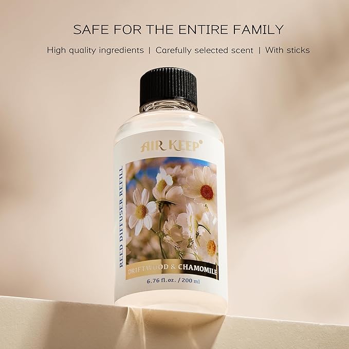 Airkeep Reed Diffuser Oil Refill with Diffuser Sticks, 6.76 Fl Oz(200ml) Chamomile Wood Scented Oils, Aroma Therapy, Home Fragrance & Air Freshener, Office Décor, Decoration