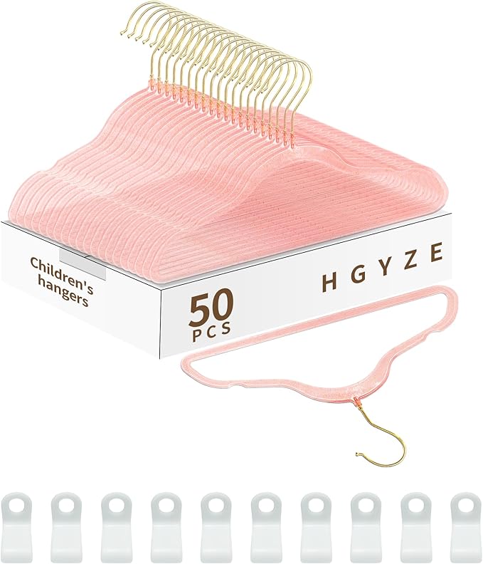 HGYZE Kids Hangers, Plastic Baby Clothes Hanger 50pcs Toddler Hangers, Clear-Pink Sparkling Hangar with Gold Glitter for Girl Nursery Children Coat Sweater, Small Hanger for Infant Newborn Closet