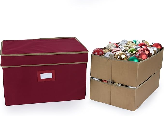 Covermates Keepsakes Adjustable Ornament Storage Box – Heavy-Duty Polyester, Padded Dividers & FlexGrid Trays – Protective Holiday Organizer with Stackable Walls & Label Window, Red