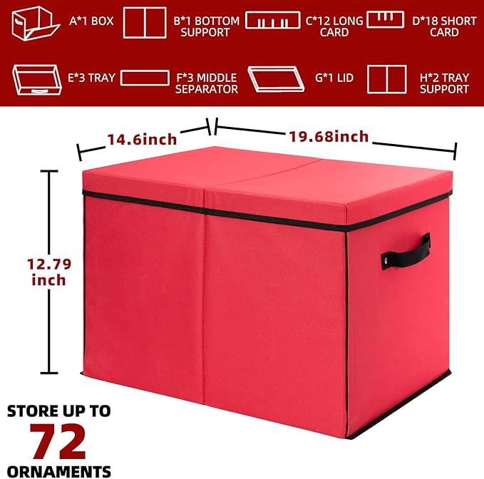 inin Christmas Ornament Storage Box with Adjustable Dividers,Stackable Drawer Ornament Organizers,Ornaments Storage Container Bin with Lid for Xmas Decorations (72 Ball, Red, with Removable Tray)