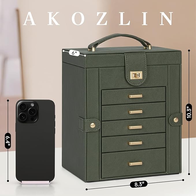 AKOZLIN Jewelry Box Organizer Functional Leather Jewelry Storage Case for Women Girls Ring Necklace Earring Bracelet Holder Organizer with Mirror