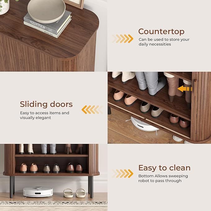 Shoe Storage Cabinet with Adjustable Shelves, 6-Tier Mid-Century Modern Shoe Organizer with Sliding Door, Shoe Storage Organizer for Entryway Hallway Living Room, Walnut