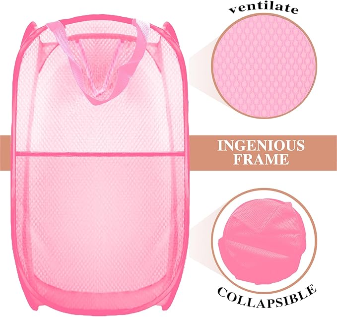 Buyongwant Collapsible Pop Up Laundry Hamper, Extra Large Mesh Foldable Laundry Basket, 28" x 16" x 16"(Pink)