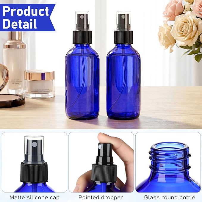 Nuogo 50 Pieces Mini Glass Spray Bottles Bulk 4 Oz Fine Mist Bottles with Funnel Dropper and Cleaning Brush Refillable for Essential Oils, Perfumes and Aromatherapy(Blue)