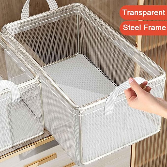 4PCS Closet Clothes Organizer Dustproof Sturdy Storage Baskets Bins 26L Foldable Shelf Containers Bin Support Boards Dust Lid Steel Frame for Sweater Pants T-shirt Dress (Clear - No Lid)