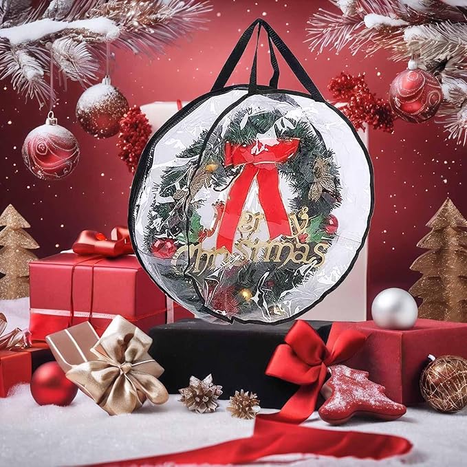 QISF 2 Pack 30X8 Inch Wreath Storage Bag, Christmas Wreath Clear Storage Container with Dual Zippered and Reinforced Handle for Xmas Holiday Seasonal Wreath Garland