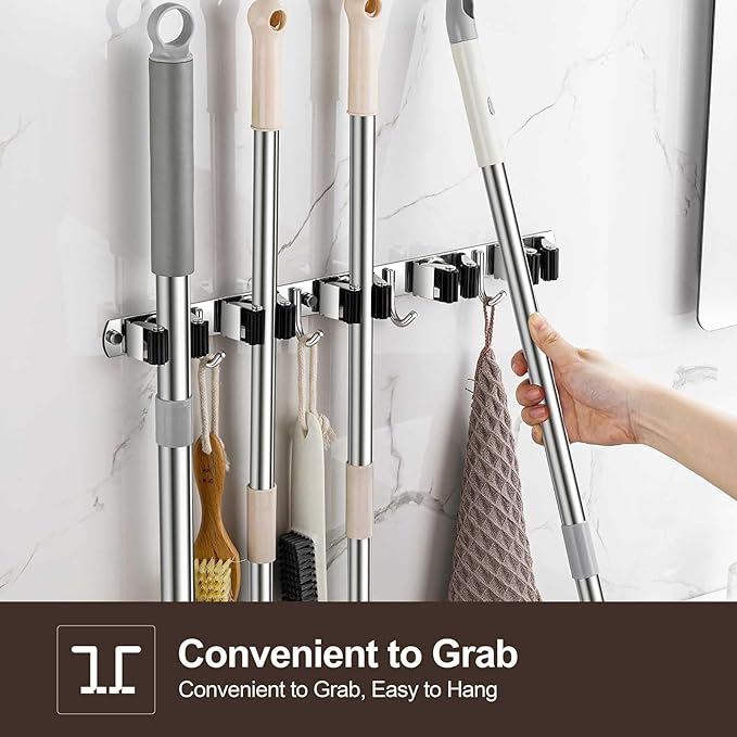 Broom Holder Wall Mount, Stainless Steel Broom Hanger Wall Mount, Heavy Duty Mop and Broom Holder Tool Racks Utility Hooks for Laundry Room Garden Garage, Grey (4 Racks and 5 Hooks)