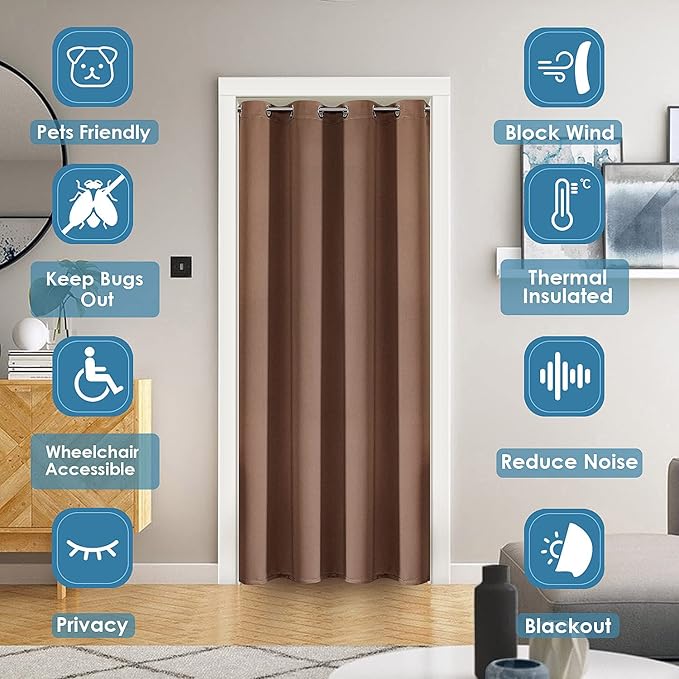 ChrisDowa Blackout Door Curtains for Doorway Privacy, Grommet Closet Curtains for bedroom closet door, Thermal Insulated Temporary Doorway Cover Room Divider Drapes (1 Panel, Cappuccino, 34 x 80 Inch)