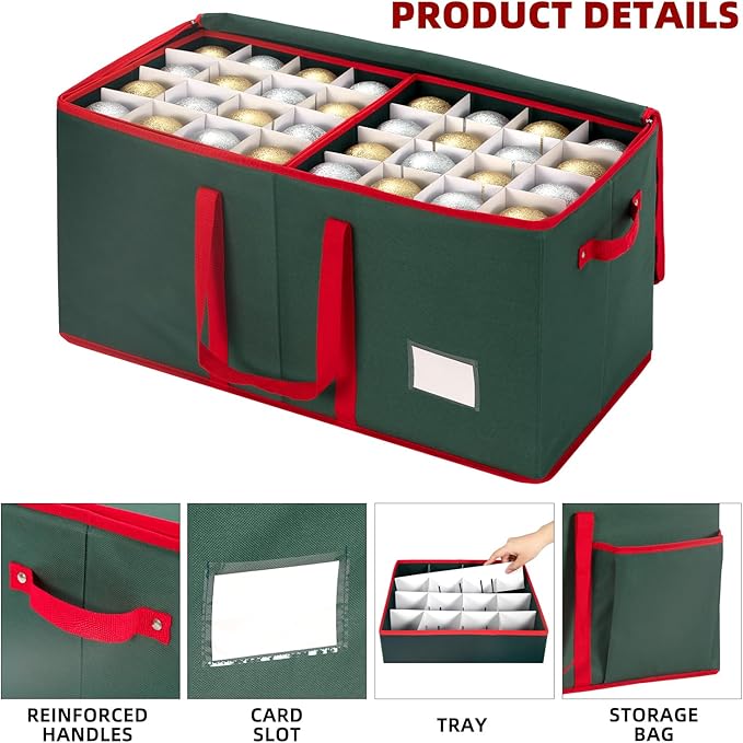 ININ Christmas Ornament Storage Box with Adjustable Dividers,Christmas Ornaments Organizer with Zippered Top,Storage Container Bin with Side Pockets for Holiday Decorations(128 Ball, Green, with Tray)