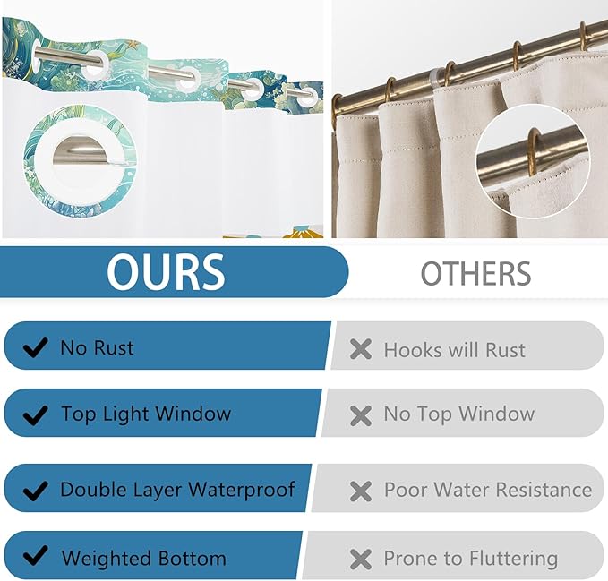Ocean Theme No Hook Shower Curtain with Snap in Liner, Double-Layer Waterproof Shower Curtains with Mesh Top Window and Weighted Hem, Starfish Coastal Shower Curtain for Bathroom Decor, 71x74 Inches