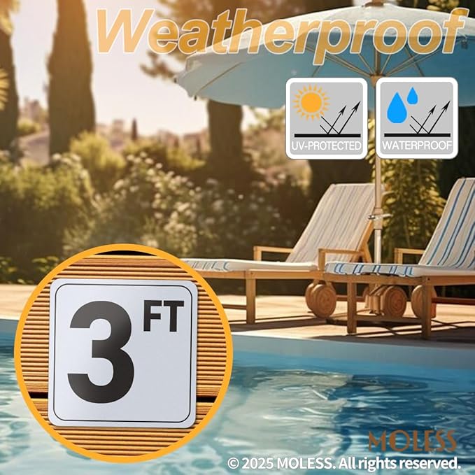 3FT Pool Depth Marker Stickers – 6x6″ Anti-Slip Vinyl Tile Stickers for Swimming Pool Safety Signs, Adhesive Pool Depth Markers for Decks, 3 FT (1 Pack)
