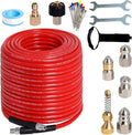 Zejoot Sewer Jetter Kit for Pressure Washer 200FT, 5800PSI Drain Cleaner Hose 1/4 Inch NPT Corner with 5 Sewer Jetting Nozzles，Waterproof Tape，Pearl Corsage Pin & 2 Spanners (Red)
