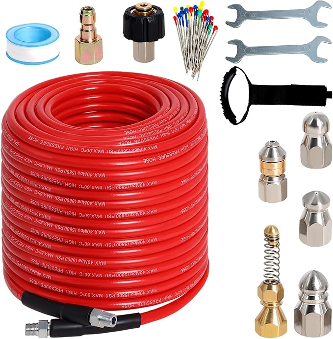 Zejoot Sewer Jetter Kit for Pressure Washer 200FT, 5800PSI Drain Cleaner Hose 1/4 Inch NPT Corner with 5 Sewer Jetting Nozzles，Waterproof Tape，Pearl Corsage Pin & 2 Spanners (Red)