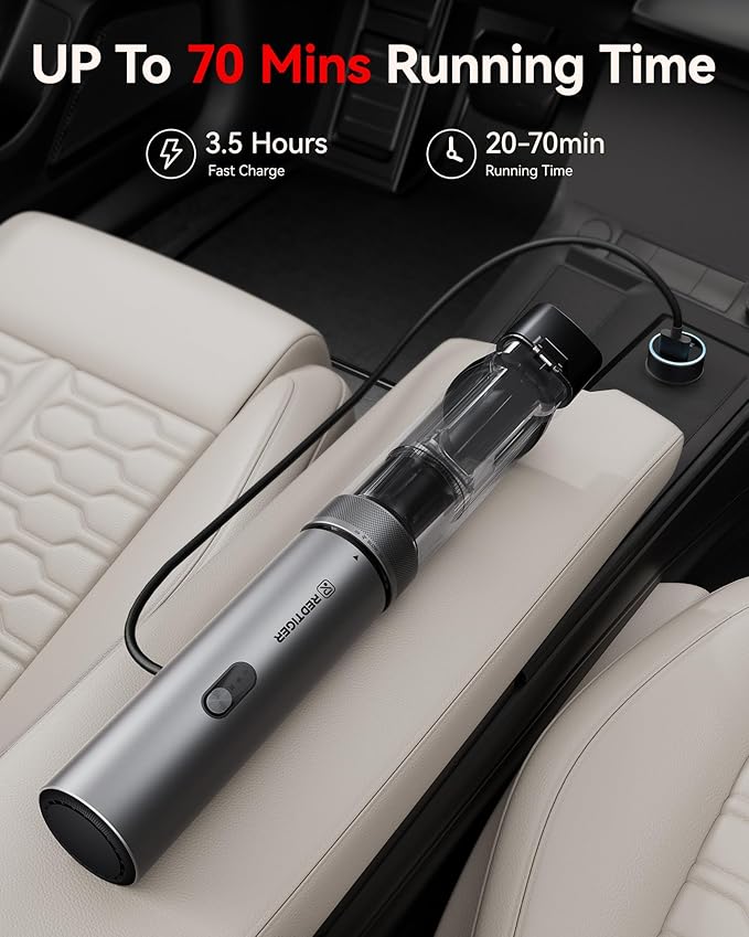 REDTIGER Car Vacuum Cordless, 21000PA Portable Handheld Vacuum Up to 70 Mins Runtime, 3.5H USB-C Fast Charge, Lightweight 4 in1 Mini Hand Held Cleaner Power for Car Home Outdoor Camp Pet Food Black