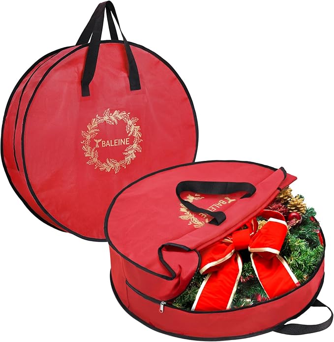 BALEINE 2 Pack Wreath Storage Container, Christmas Wreath Storage Bag with Reinforced Handle for Holiday Xmas (Red, 36"X8")