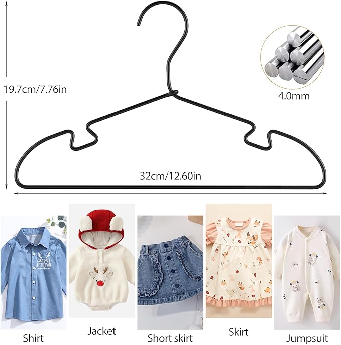 20-Pack Black Aluminum Hanger, 12.6-inch Kids Baby Hangers, Sturdy Metal Kids Hangers for Wardrobe, Space-Saving Toddler Hanger