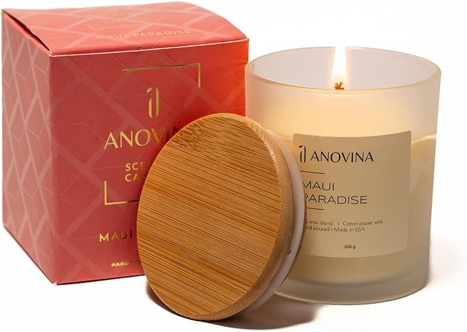 Anovina Maui Paradise Hawaii Candle for Home Scented – Hawaiian Gifts for Women – Natural Soy Wax Blend, 60 Hours Burn – Notes of Persimmon, Papaya, Pikake, and Jasmine