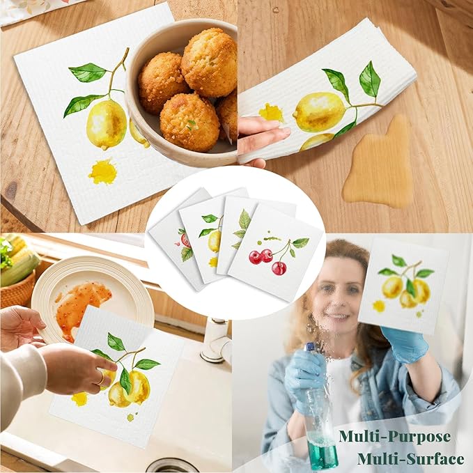 LARTSFRO Swedish Dishcloths for Kitchen, Spring Swedish Dish Cleaning Cloths for Friut, Papaya Reusable Paper Towels, 4 Pack Dish Towels for Kitchen, Reusable Sponge Cloths Washable