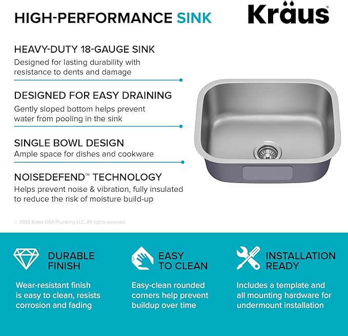 Kraus 23 Inch Stainless Steel Kitchen Sink, Durable 18 Gauge Single Bowl Kitchen Sinks Undermount, KBU12