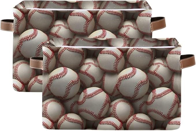 ALAZA Baseball 3D White Foldable Storage Box Storage Basket Organizer Bins with Handles for Shelf Closet Living Room Bedroom Home Office 1 Pack