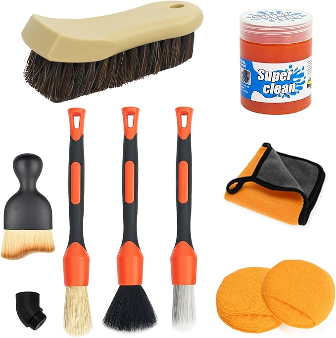 TOWBRUS 10PCS Car Interior Detailing Brush Kit, Horse Hair and Boar Bristle Brush Set with Elbow Adapter, Microfiber Wax Applicator Pads, Drying Towel and Cleaning Gel