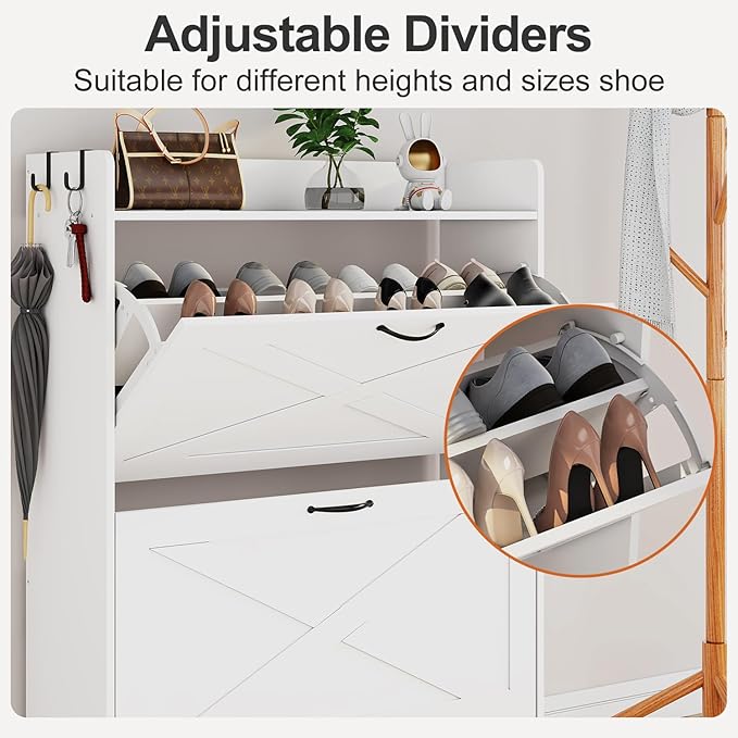 Shoe Cabinet with 2 Flip Drawers & Adjustable Shelf,Wood Shoe Organizer,Freestanding Hidden Shoe Storage Cabinet for Entryway,Hallway (White)