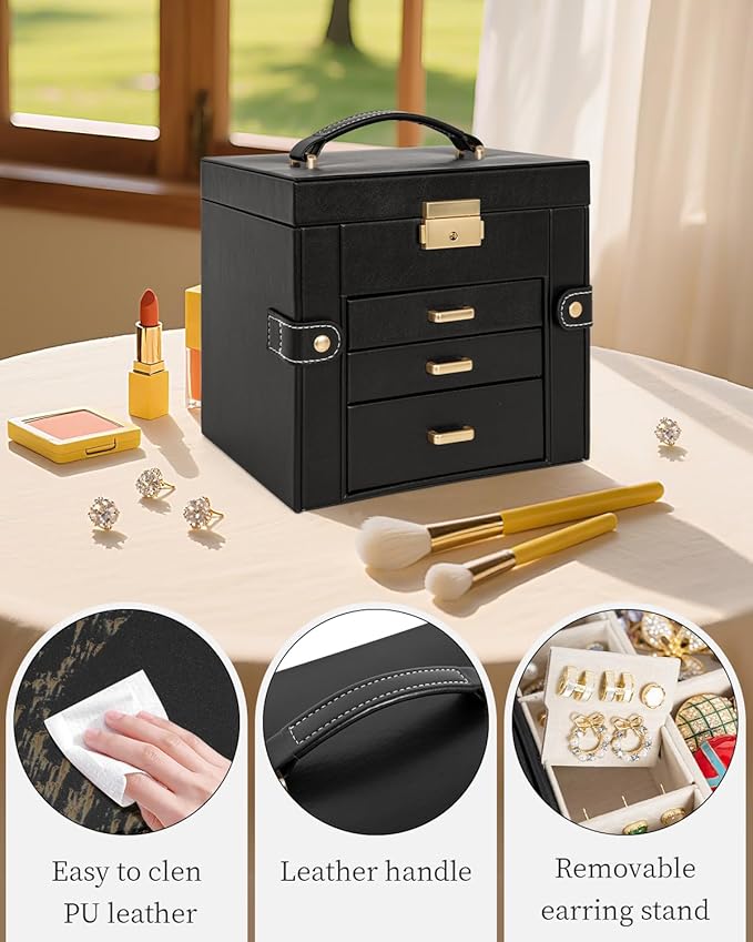 TORIBIO Jewelry Box for Women, Leather Jewelry Organizer with Mirror & Lock, 4-Tier Jewelry Storage Organizer with 3 Drawers for Girls/Women/Mothers, Necklace Earring Bracelets Holder Organizer