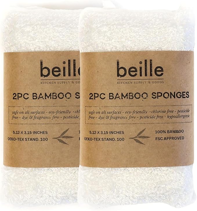 Beille 100% Bamboo Dish Sponges Kitchen Essentials Cleaning Supplies 2pk