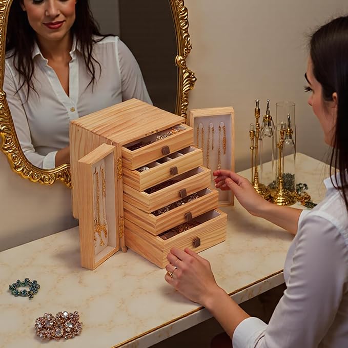 Jewelry Box for Women Girls, Wooden Jewelry Box Organizer Functional With Drawers, 5 Layers Jewelry Organizer for Earring, Ring, Necklace, Bracelets