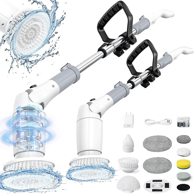 StarVal Electric Spin Scrubber, Cordless Cleaning Brush Shower Scrubber Up to 550 RPM with 9 Replaceable Brush Heads, Bathroom Scrubber Adjustable Extension Handle for Cleaning Bathroom Kitchen(Grey)