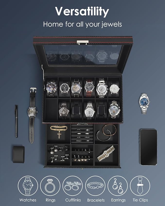 Kukikan Watch Box Jewelry Organizer, 12-Slot 2-Layer Watch Case Storage with Large Glass Lid, Watch Storage Case for Men with Lock, Watch Holder Display Case, Gift for Men Women