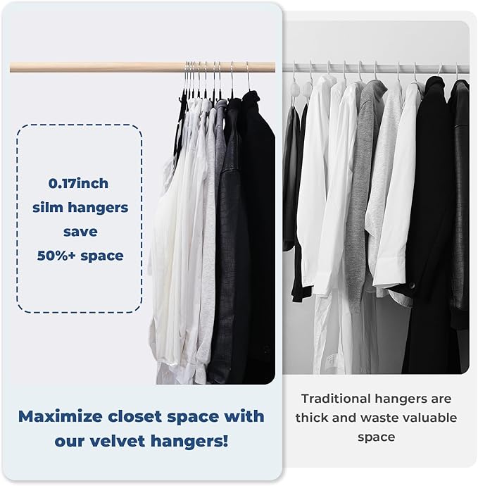 Limogoo Black Velvet Hangers 50 Pack, Felt Covered Non Slip Fabric with Stackable Cascading Hook, Ultra Thin and Space Saving with 360° Swivel Neck, 15Lbs Capacity for Clothes, Suit, Shirt, Coat