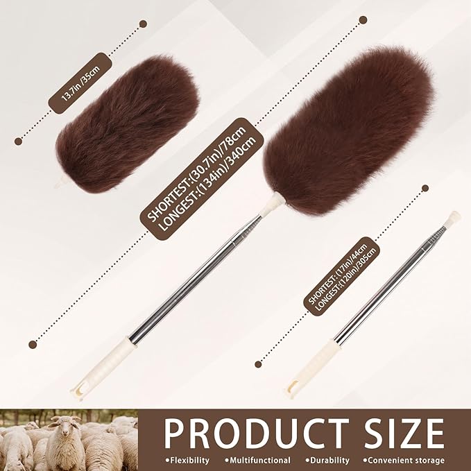 iHUFeather Extendable Lambswool Duster Stainless Steel Handle 133" Removable Feather Duster for Cleaning Ceiling Fans Interior Roof Furniture, Brown