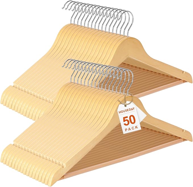 HOUSE DAY Premium Wooden Coat Hangers 50 Pack, Heavy Duty Solid Wood Clothes Hangers with 360° Swivel Hook & Pant Bar for Jackets, Dress, Shirts, Natural Wood Suit Hanger for Closet Organizer