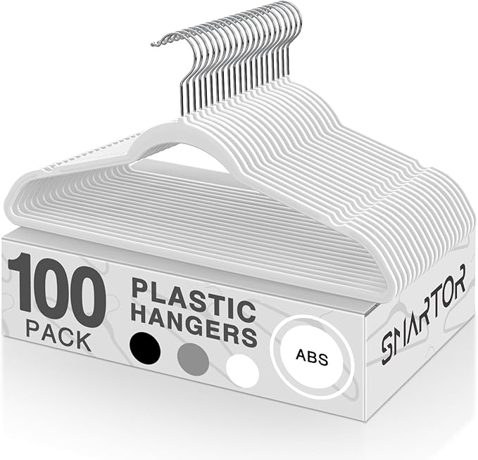 SMARTOR 100 Pack Non-Velvet Plastic Hangers for Clothes - Heavy Duty Coat Hanger - Space-Saving Clothes Hanger with Chrome Swivel Hook, Durable Non-Flocked - Ivory