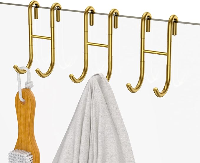 Shower Door Hooks, 3 Pack Over Shower Glass Door Hook, Plated Gold, 304 Stainless Steel Rack Hooks, Frameless Bathroom Hanger Drilling-Free, Glue-Free Towel Hooks, for 0.47inch(12mm) Thickness Glass