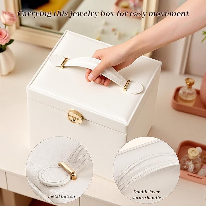 EnHomee Jewelry Box for Women, 5-Layer Large Jewelry Organizer with Mirror & 4 Drawers for Rings, Earrings, Necklaces, Bracelet Lockable Case with Lock (White + Gold)