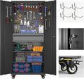 Aobabo Metal Storage Cabinet with Wheels and Adjustable Pegboard, 71" H Steel Rolling Cabinet with 16 Hooks and 1 Interior Drawers for Garage, Home, Office, Kitchen, Black, Assembly Required