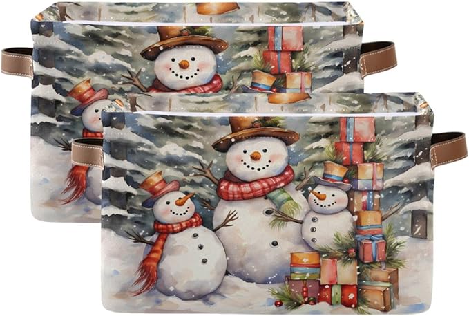 ALAZA Oil Painting Christmas Pine Tree Merry Christmas Foldable Storage Box Storage Basket Organizer Bins with Handles for Shelf Closet Living Room Bedroom Home Office 2 Pack