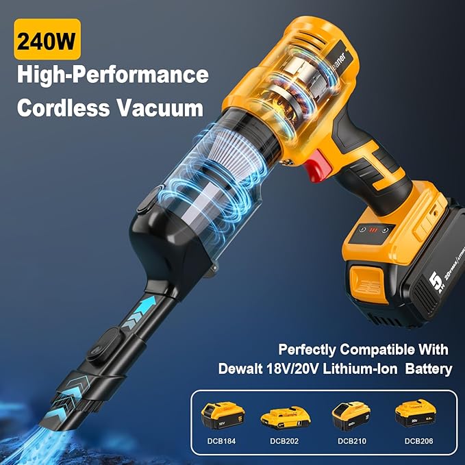 Adisipsoarin Cordless Vacuum Cleaner for Dewalt 20V Battery, Electric Handheld Vacuum Cleaner with 105AW Powerful Suction, Portable Vacuum Cleaner for Floor, Carpet, Car, Home (Battery Not Included)