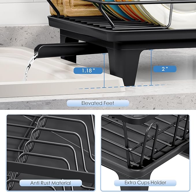 Urackify Dish Drainers for Kitchen Counter - Large Capacity Dish Drying Rack with Drainboard, Rustproof & Sturdy Design, Black Dish Rack Perfect for Plates, Cups & Kitchen Countertop Organization