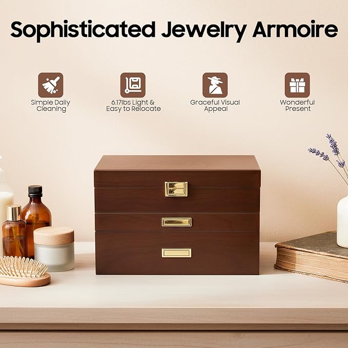 LOYALHEARTDY 3 Layers Wooden Jewelry Box Drawer, Large Jewelry Box Organizer for Women for Ring Necklace Earring Bracelet Organizer Storage Display Box (Black Walnut)