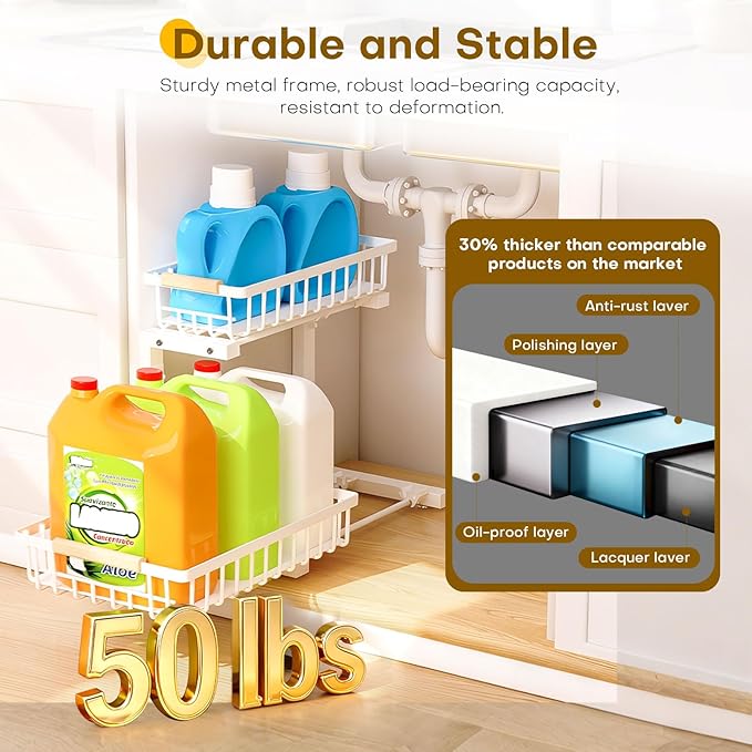 ZELOREA Under Sink Organizer, 2 Tier Pull Out Under-Sink Shelves, Adjustable Height (13.8" -16.9"), Sturdy Metal Storage Organizer for Bathroom Kitchen Pantry Cabinet (2 Packs, White)