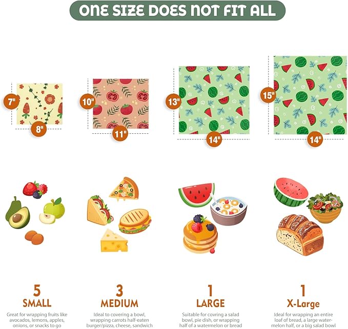 Akeeko Reusable Beeswax Food Wraps - Assorted 9 Packs, Reusable, Plastic-Free Food Storage, 5 Small, 2 Medium, 1 Large, 1 Extra Large Wraps with Cute Fruits Pattern