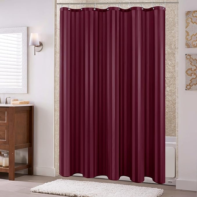 Biscaynebay Fabric Shower Curtain or Liner 72" by 72", Burgundy Water Repellent Damask Stripes Bathroom Curtains Machine Washable