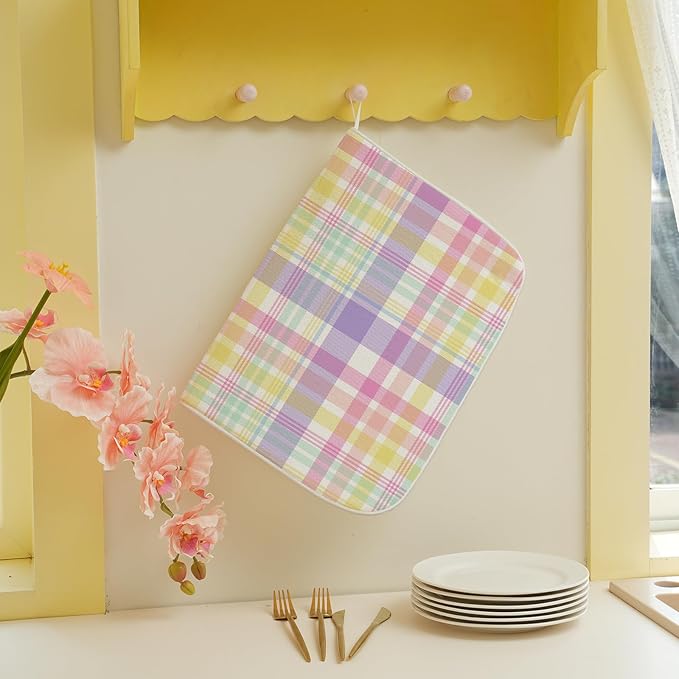 Easter Dish Drying Mat 18 x 24 Inch Spring Pink Yellow Purple Buffalo Plaid Drying Mat for Kitchen Counter Absorbent Spring Easter Checkered Dishes Dry Pad for Drainer Rack Kitchen Fast Dry