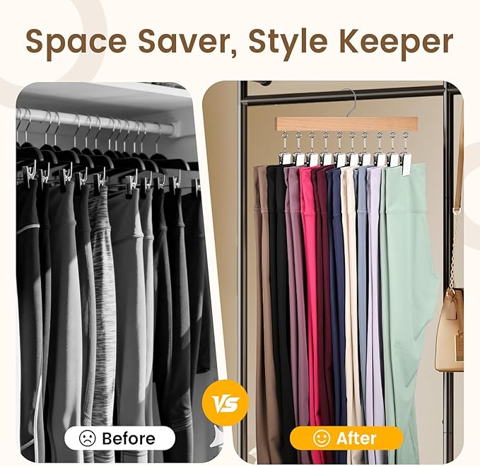 2 Pack Legging Hangers for Closet, Wooden Legging Hanger for Closet Organizer with 20 Upgraded Clips Holds 20 Leggings, 360° Rotatable Space Saving Yoga Pants Hanger for Socks, Shorts, Natural