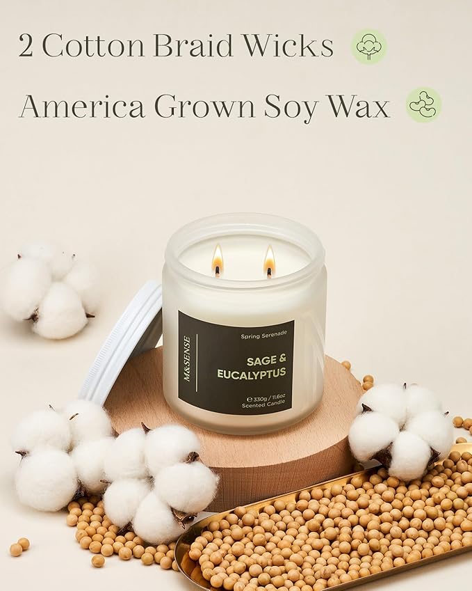 M&SENSE Eucalyptus Sage Scented Candle, 2-Wick 70-Hour Long Lasting Burn Time 11.6oz Natural Soy Wax Non Toxic Relaxation Candle for Home Decor Birthday Gifts Easter Supplies