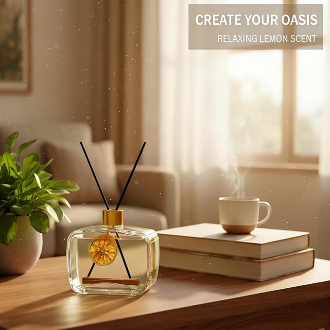 Reed Diffuser, Lavender Scented No Flame Air Freshener for Home, 100ml Long-Lasting Essential Oil Diffuser with Natural Reed Sticks Lemon, Safe for Bedroom, Office, Bathroom